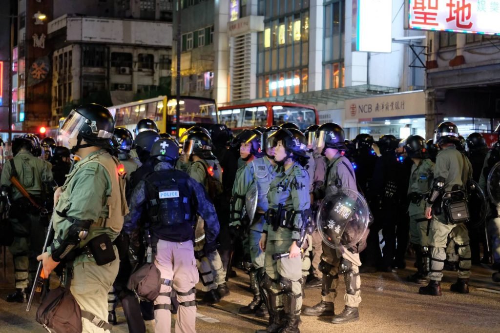 Riot police on Nathan road after a charge