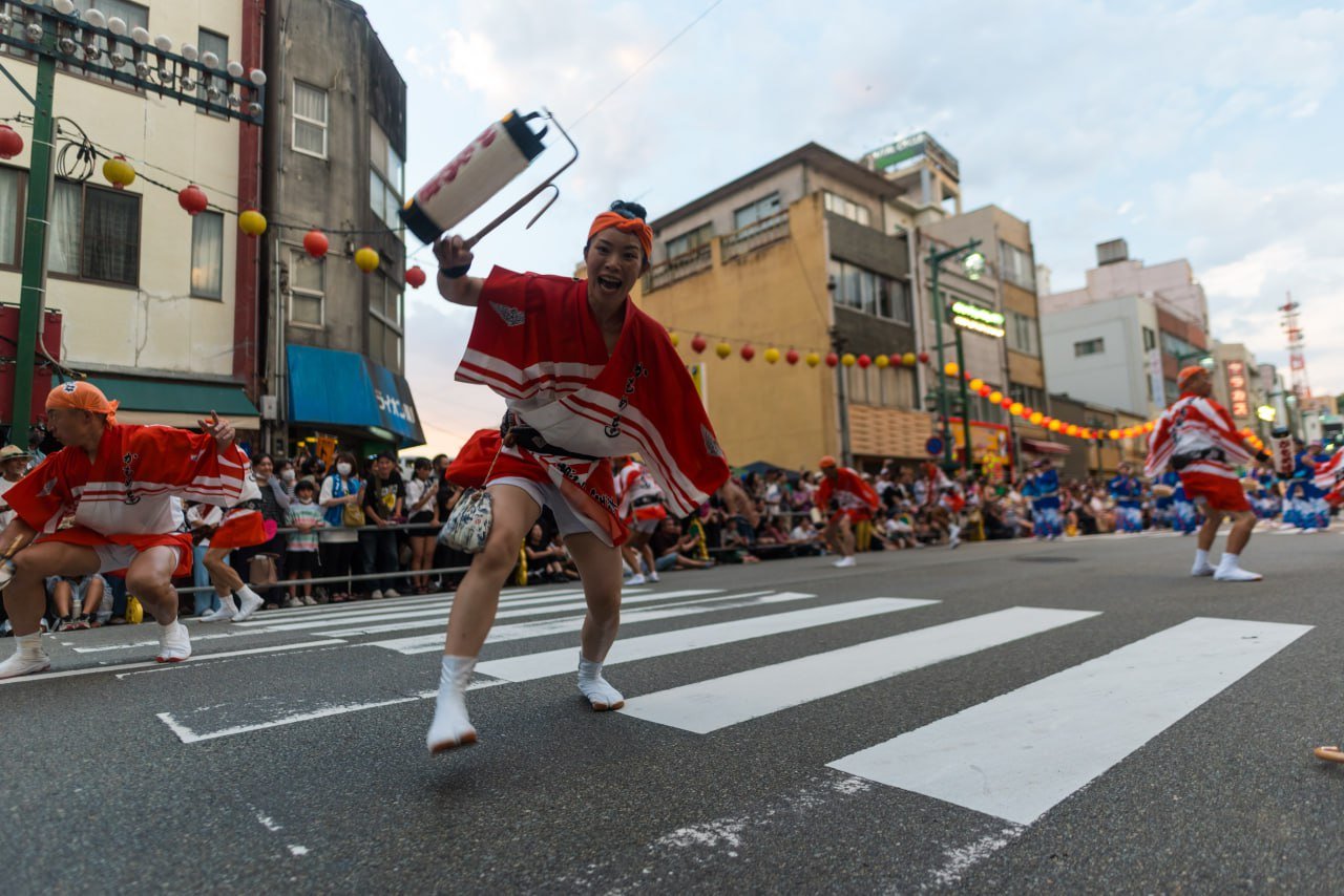 A dancer leaps during Awa Odori in Tokushima, Japan